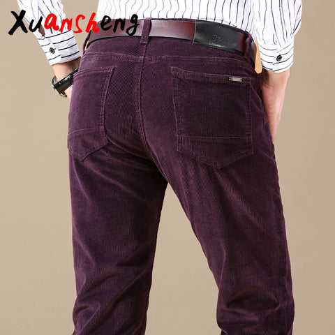 new Corduroy men's casual pants 2019 classic middle-aged business straight stretch casual streetwear brand wine red casual pants